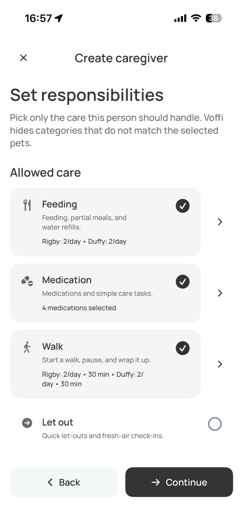 Voffi caregiver access screen with selected pets and responsibilities